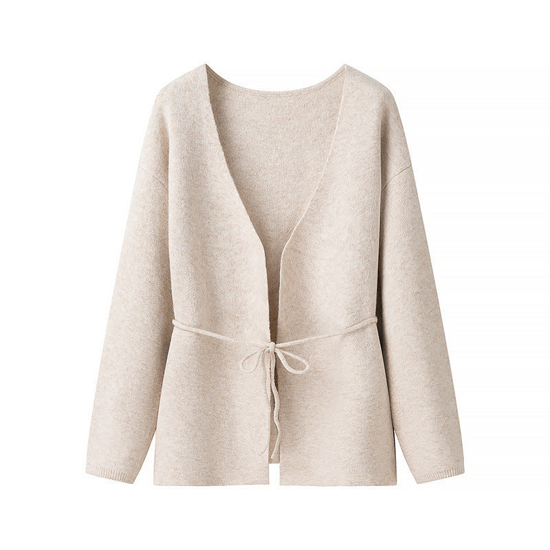 Damen lässige Strickjacke mit Bindegürtel Fudus