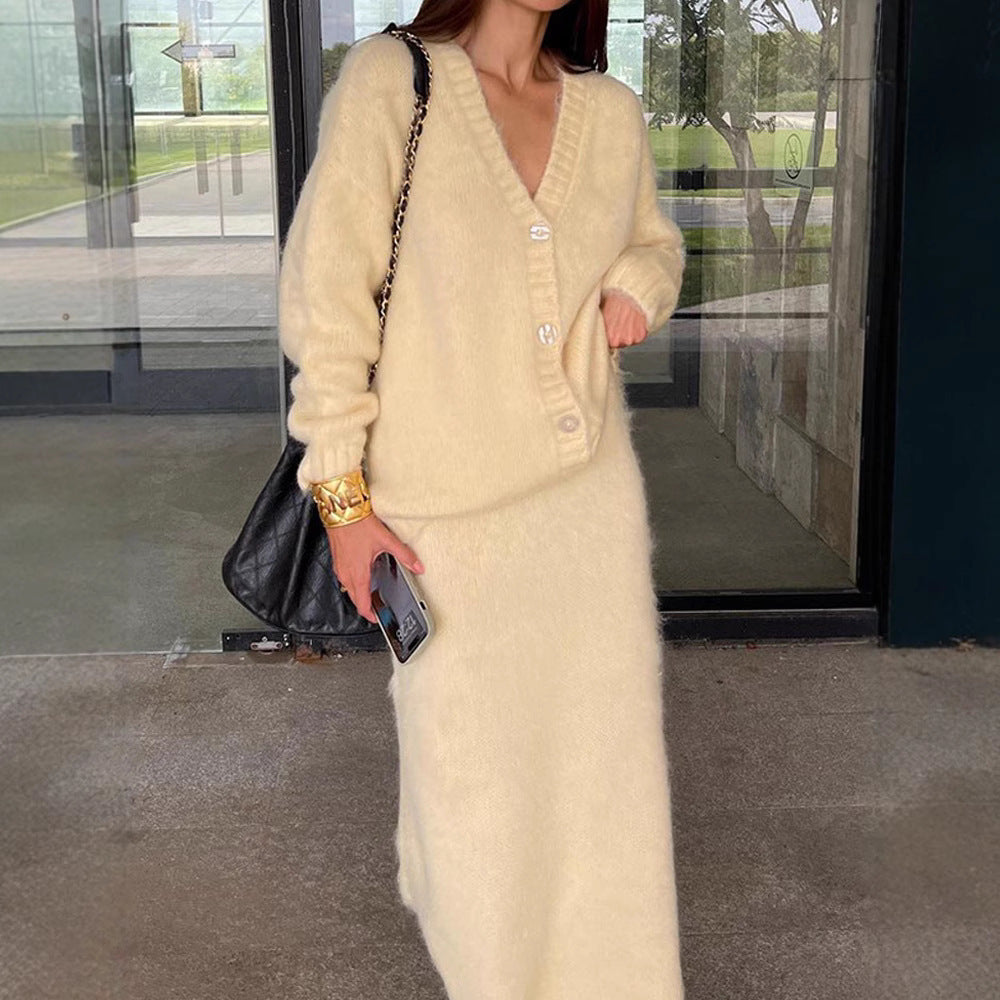 Damen kuschelige Strickjacke und Wadenlanger Rock Set Fudus