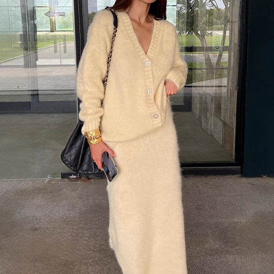 Damen kuschelige Strickjacke und Wadenlanger Rock Set Fudus