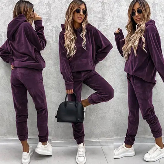 Damen hochwertiger Velours-Loungewear-Anzug mit Kapuzenpullover und bequemen Hosen Fudus