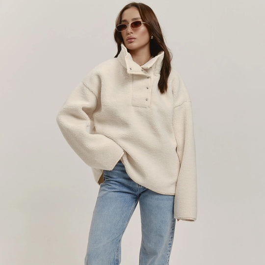 Damen Kuschelige Oversized Fleecejacke mit Stehkragen und Druckknöpfen Fudus