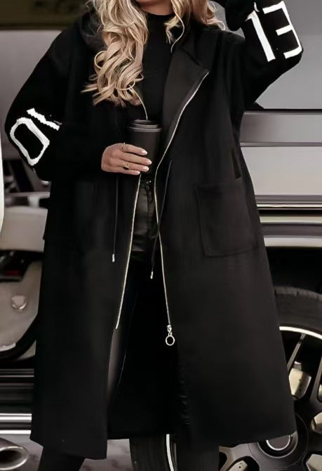 Damen Langmantel mit Kapuze und Zipper Fudus