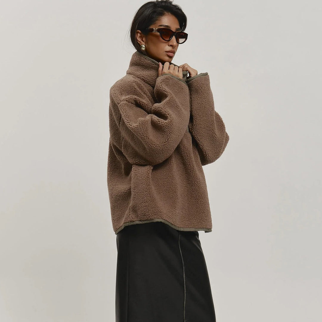 Damen Kuschelige Oversized Fleecejacke mit Stehkragen und Druckknöpfen Fudus