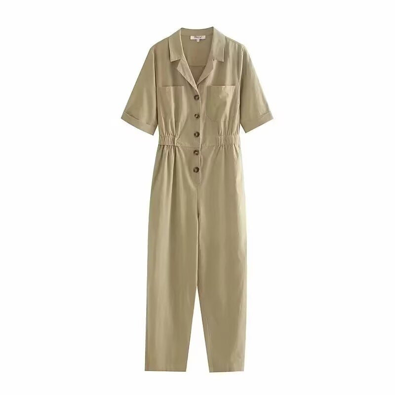 Damen Jumpsuit mit taillierter Elastikbund und praktischen Knopfdetails Fudus