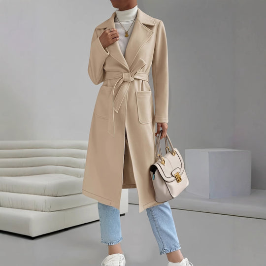 Damen klassischer, eleganter Trenchcoat mit Taillengürtel und dezenten Taschen Fudus