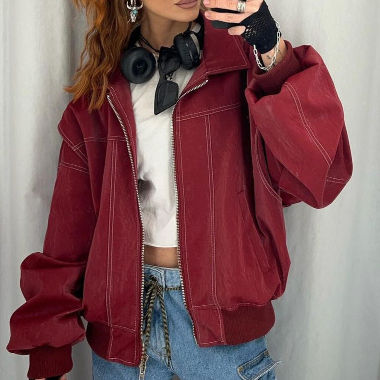 Damen Kunstlederjacke mit elastischen Bündchen und hochschließendem Kragen Fudus