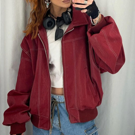 Damen Kunstlederjacke mit elastischen Bündchen und hochschließendem Kragen Fudus