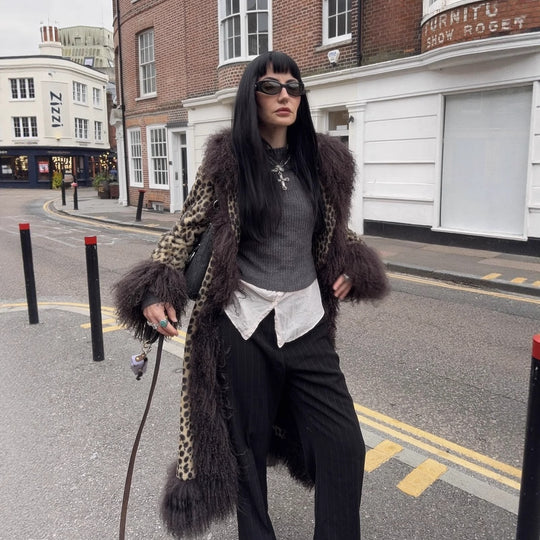 Damen Kunstfellmantel mit Leopardenmuster Fudus
