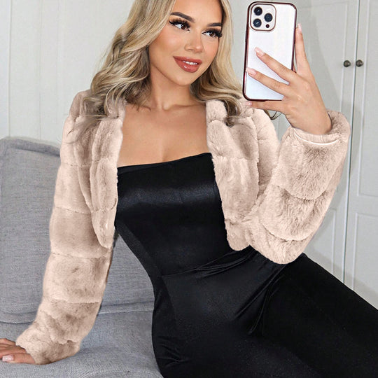 Damen Kurze Kunstpelzjacke mit breiten Ärmeln Fudus