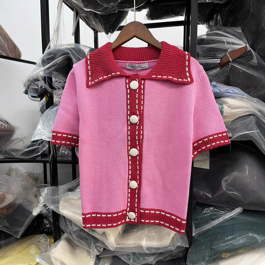 Damen Kurzarmpullover mit kontrastierenden Details Fudus