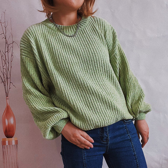 Damen Grobstrickpullover mit romantischem Rippenmuster und weiten Ärmeln Fudus