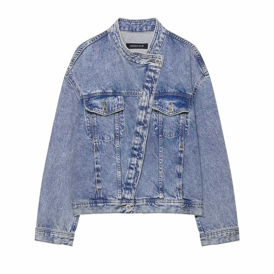 Damen Jeansjacke mit asymmetrischem Schnitt und praktischen Taschen Fudus