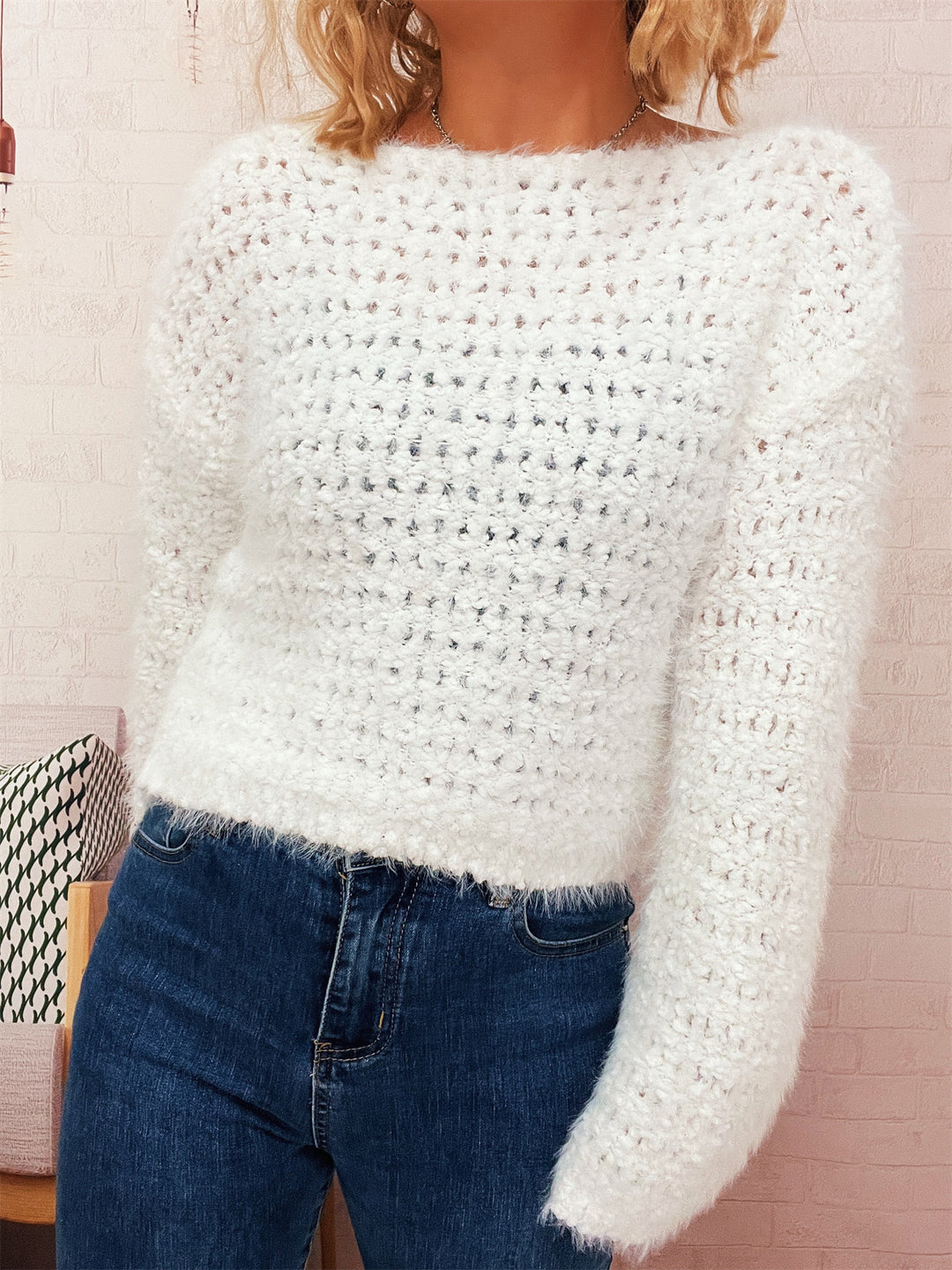 Damen kuscheliger Strickpullover mit auffälligem Flauschdesign und weitem Schnitt Fudus