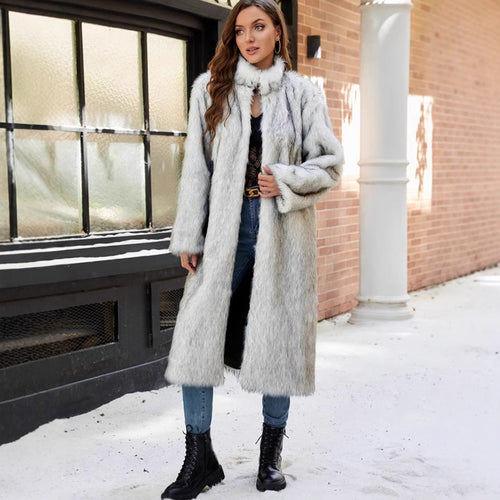 Damen Langer Kunstpelzmantel mit Stehkragen und Taschen Fudus