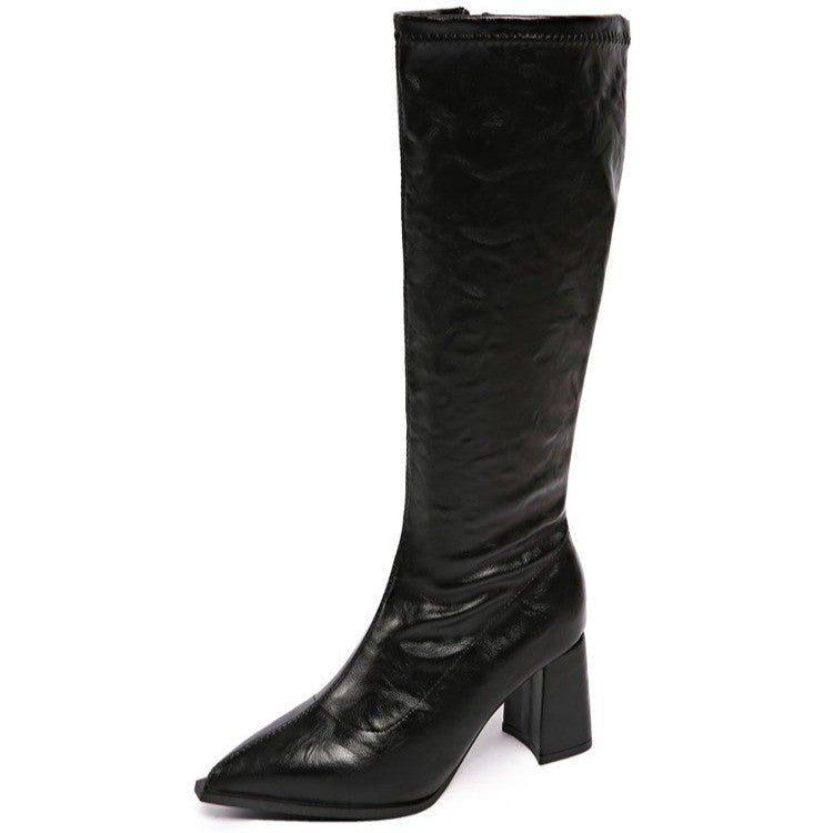 Damen hochmodische Stiefel mit blockiertem Absatz und spitzem Zehenbereich Fudus