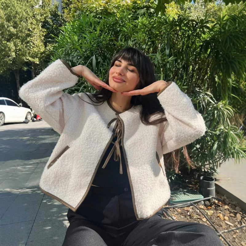 Damen kuschelige Fleecejacke mit eleganten Bindebändern Fudus