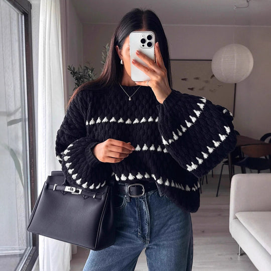 Damen Grobstrickpullover mit voluminösen Ärmeln und strukturiertem Muster Fudus