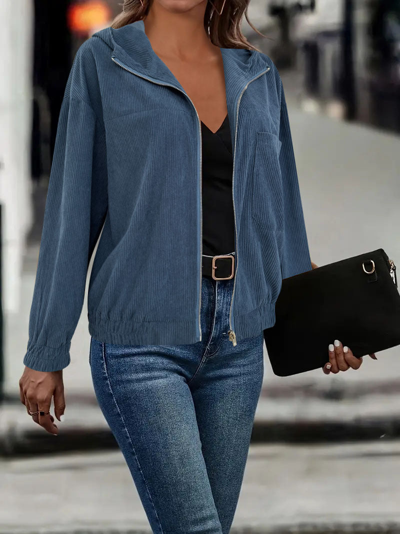 Damen lässige Cordjacke mit praktischem Reißverschluss und Kapuze Fudus