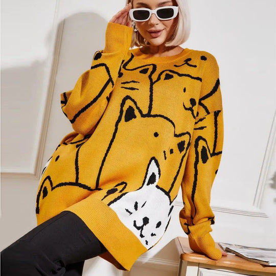 Damen Grobstrickpullover mit verspieltem Katzenmuster Fudus