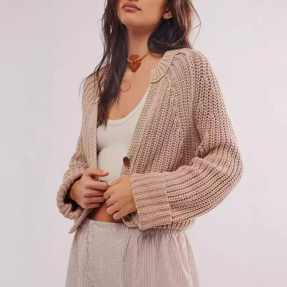 Damen lässige Strickjacke mit dekorativem Knopfverschluss und voluminösen Ärmeln Fudus