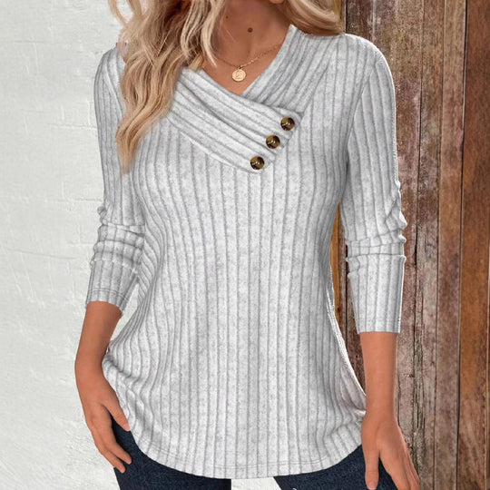 Damen Langarmshirt mit schrägem Kragen und dekorativen Knöpfen Fudus