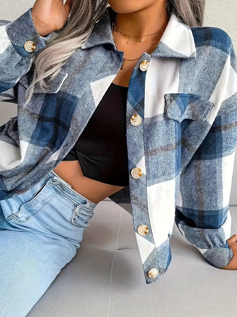 Damen Lässige Karobluse mit aufgesetzten Taschen und Knopfverschluss Fudus