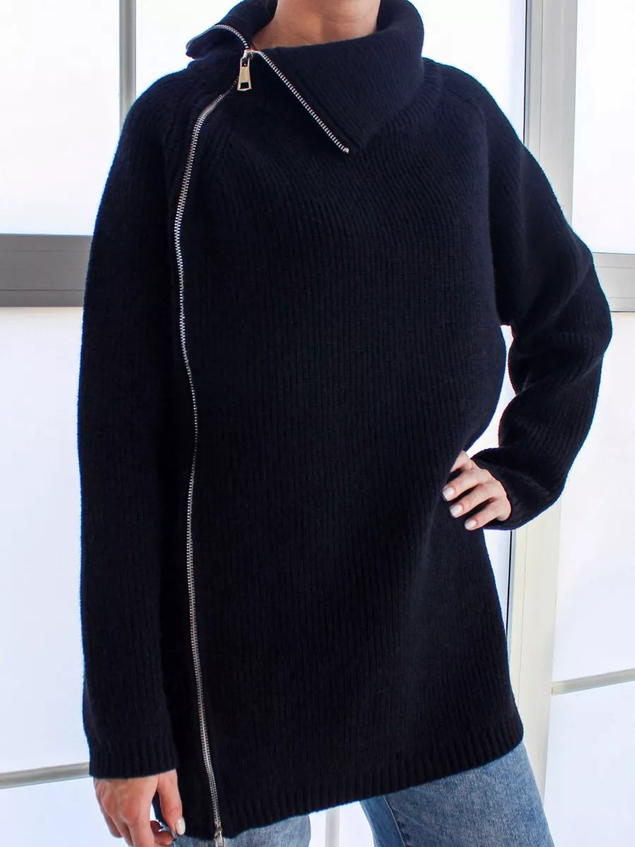 Damen kuscheliger Strickpullover mit asymmetrischem Reißverschluss Fudus