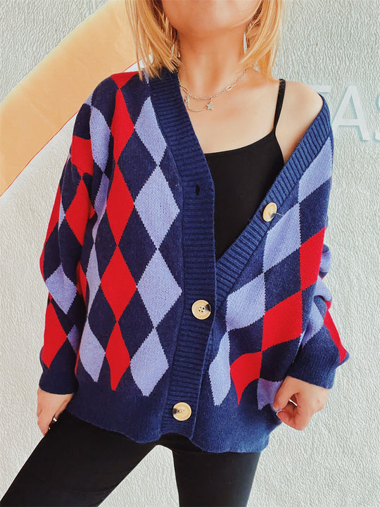 Damen lässige Strickjacke im Rauten-Muster mit goldenen Knöpfen Fudus