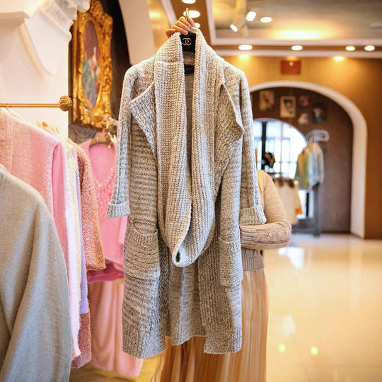 Damen Langer oversized Strickmantel mit asymmetrischem Kragen und Taschen Fudus