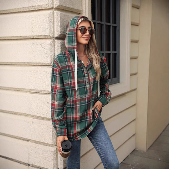 Damen karierte Kapuzenbluse mit praktischen Knopfdetails und lässigem Schnitt Fudus