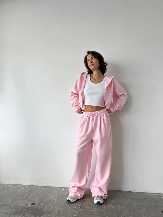 Damen modischer Cropped Hoodie und weit geschnittene Jogginghose Set Fudus