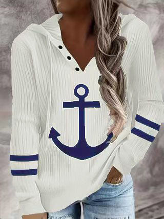 Damen modischer Kapuzenpullover mit maritimem Grafikdesign Fudus
