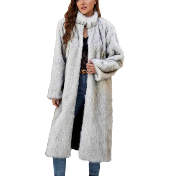 Damen Langer Kunstpelzmantel mit eleganter Kragenverzierung Fudus