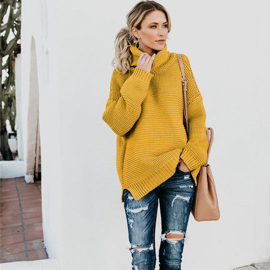 Damen Grobstrickpullover mit hohem Kragen und lässiger Silhouette Fudus