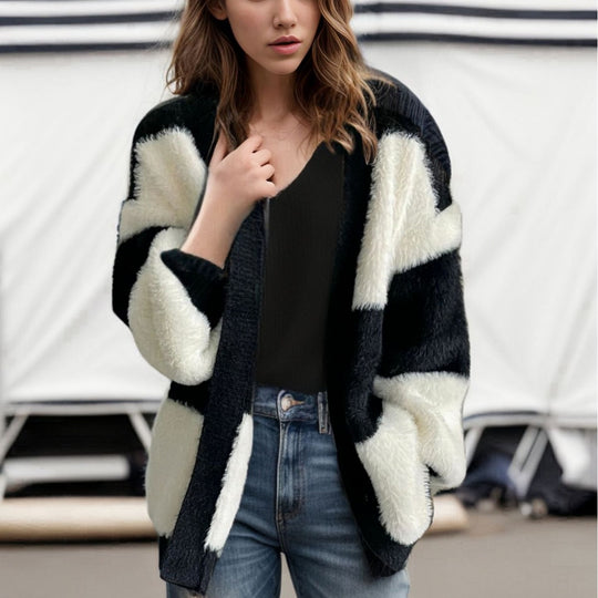 Damen Grobstrick Cardigan mit modischem Streifenmuster Fudus