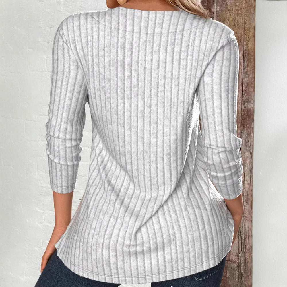 Damen Langarmshirt mit schrägem Kragen und dekorativen Knöpfen Fudus