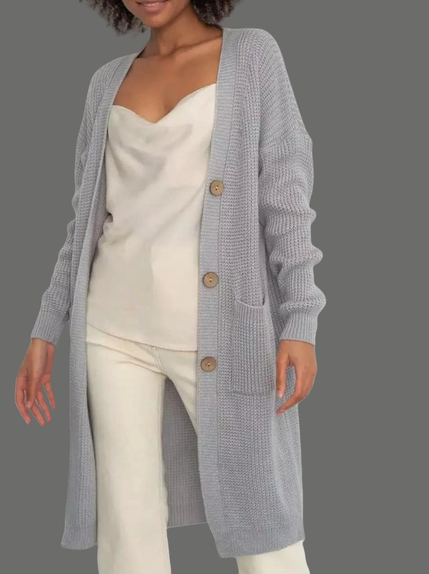 Damen langer Strickcardigan mit Knopfdetails und praktischen Taschen Fudus