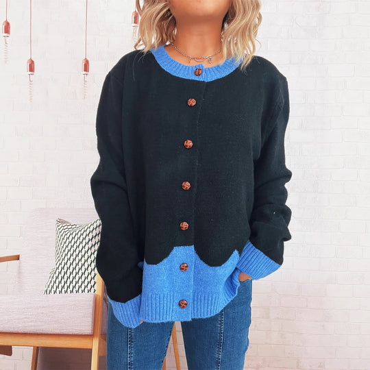 Damen lässige Strickjacke mit buntem Kontrast und eleganten Knopfdetails Fudus