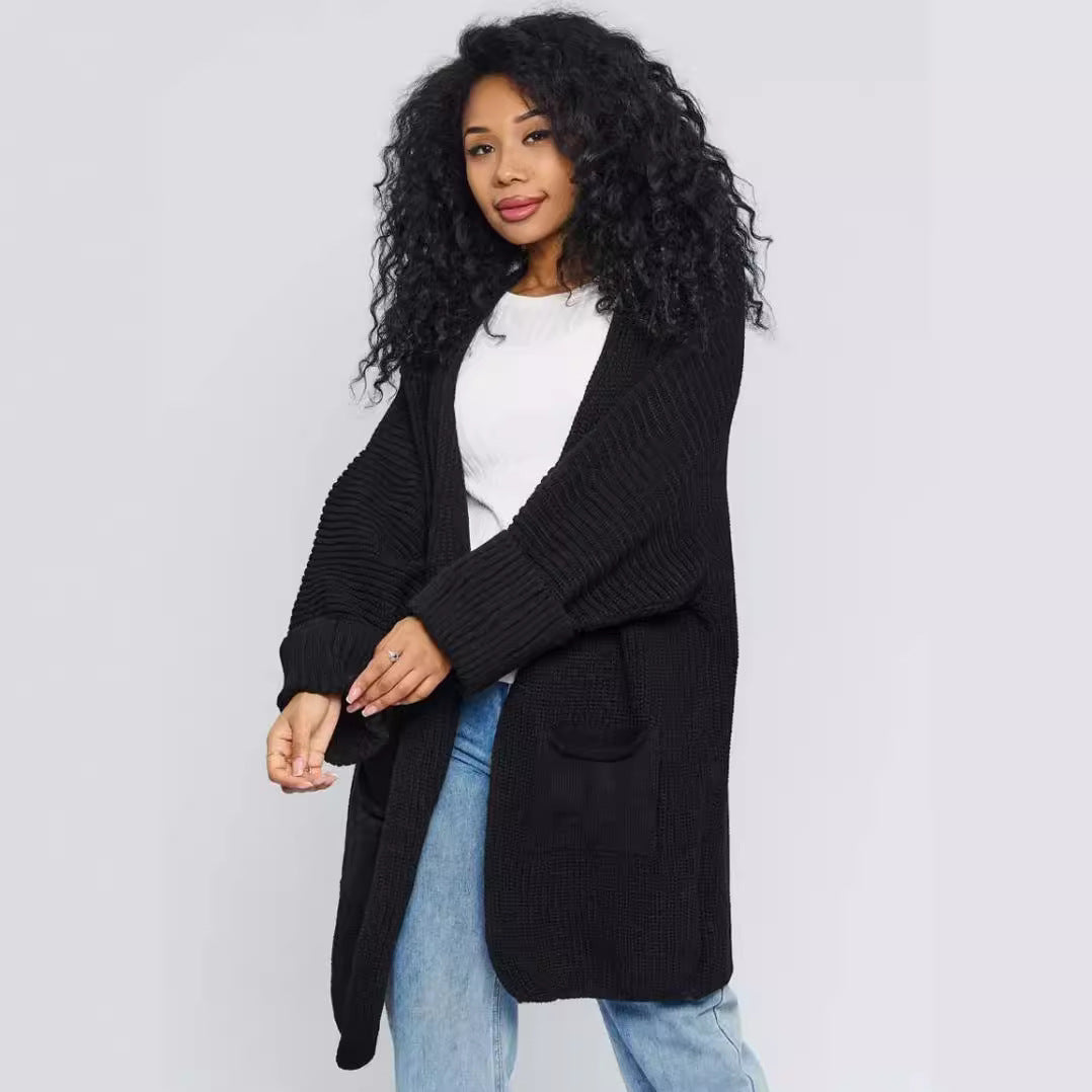 Damen lässige Strickjacke mit aufgesetzten Taschen und offenem Design Fudus
