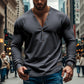 Herren Langarm Henley T-Shirt mit modernem Knopfverschluss und figurbetontem Schnitt Fudus