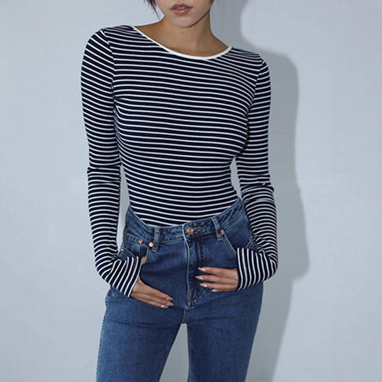 Damen Langärmeliger Body mit offenem Rücken und Streifenmuster Fudus