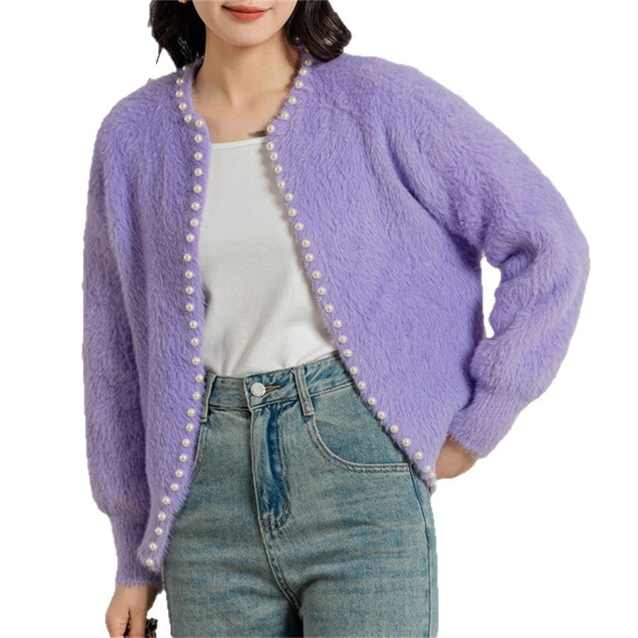 Damen kuschelige Strickjacke mit Perlenverzierung Fudus