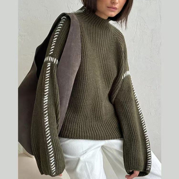Damen kuscheliger Strickpullover mit elegantem Rollkragen und modischen Einsätzen Fudus