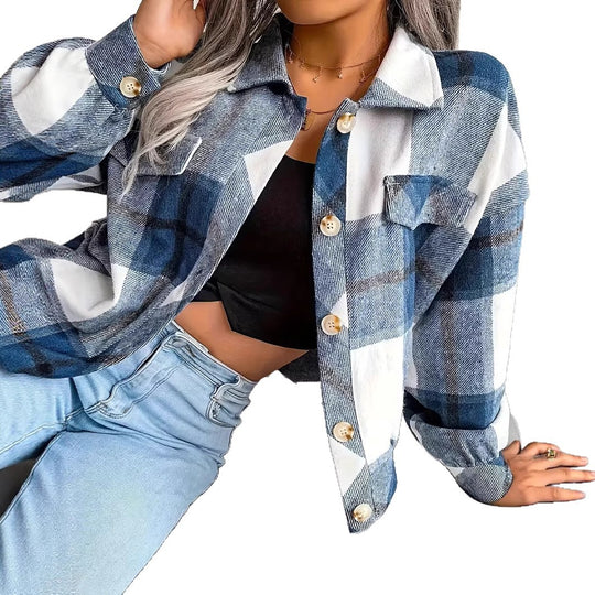 Damen Lässige Karobluse mit aufgesetzten Taschen und Knopfverschluss Fudus