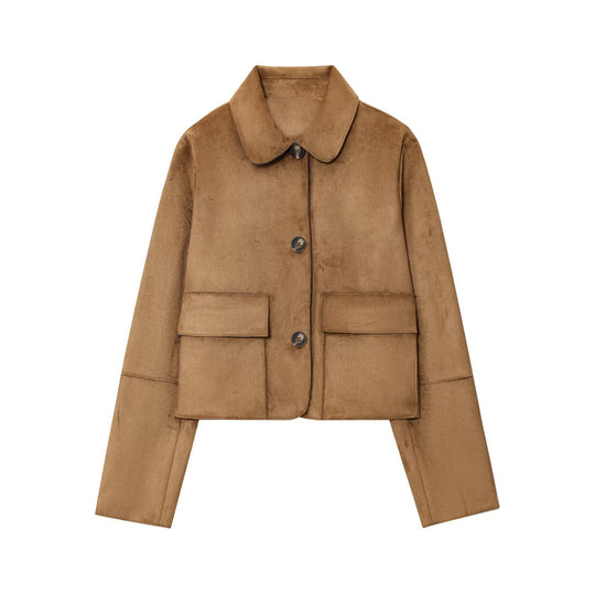 Damen kurze Utility-Jacke mit großen Taschen und modischem Kragen Fudus