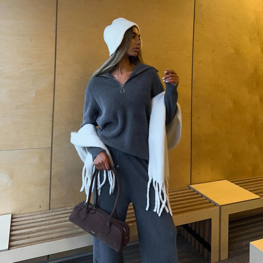 Damen kuscheliger Sweatanzug mit hohem Kragen und seitlichen Einschubtaschen Fudus