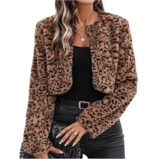 Damen Kurzfelljacke im modernen Leopardenmuster Fudus