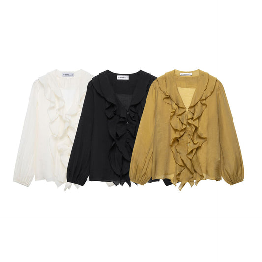 Bluse Damen Seiden Rüschen Knopfverschluss Elegant