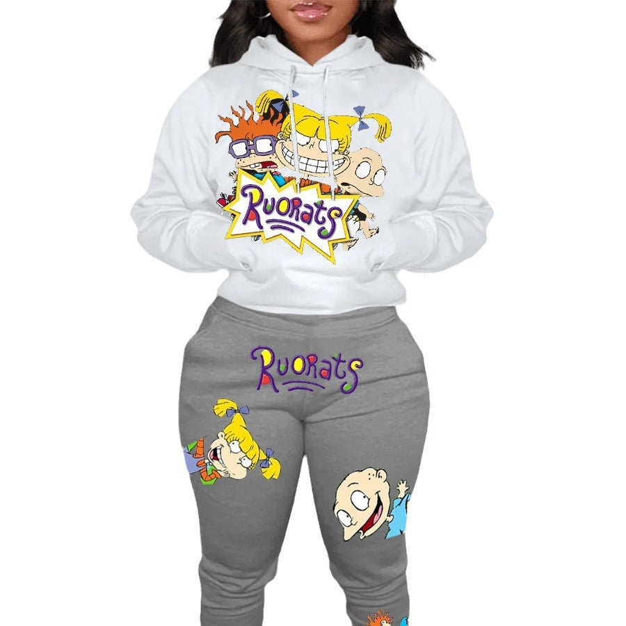 Damen Hoodie und Jogginghose Set mit farbenfrohen Cartoon-Motiven Fudus