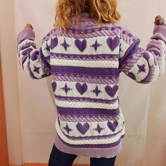 Damen Grobstrickpullover mit verspieltem Herzmuster und Zopfdetails Fudus